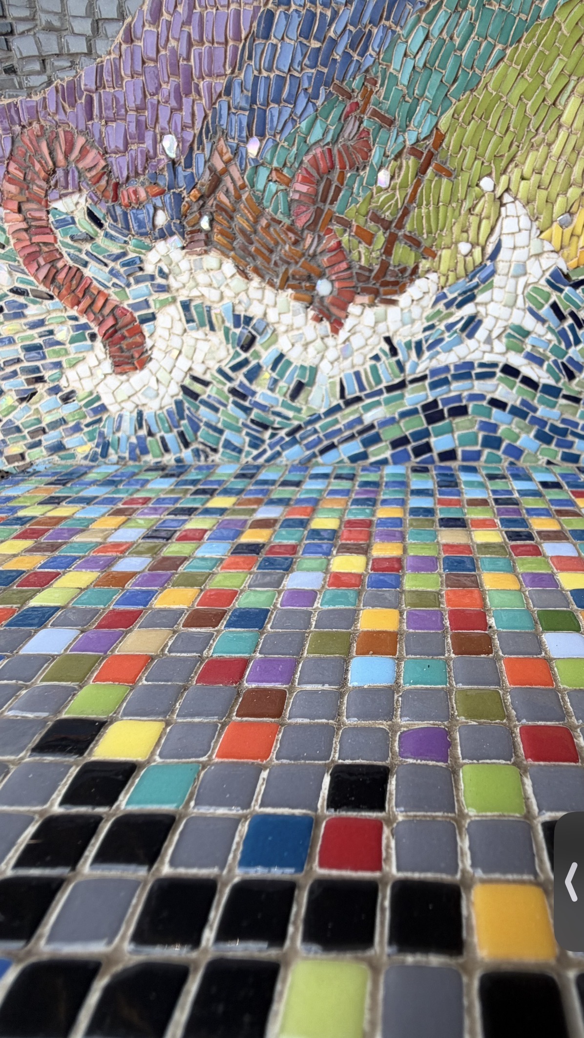 Depth mosaic, close view of the kraken scene and adjoining rainbow tile grid surface