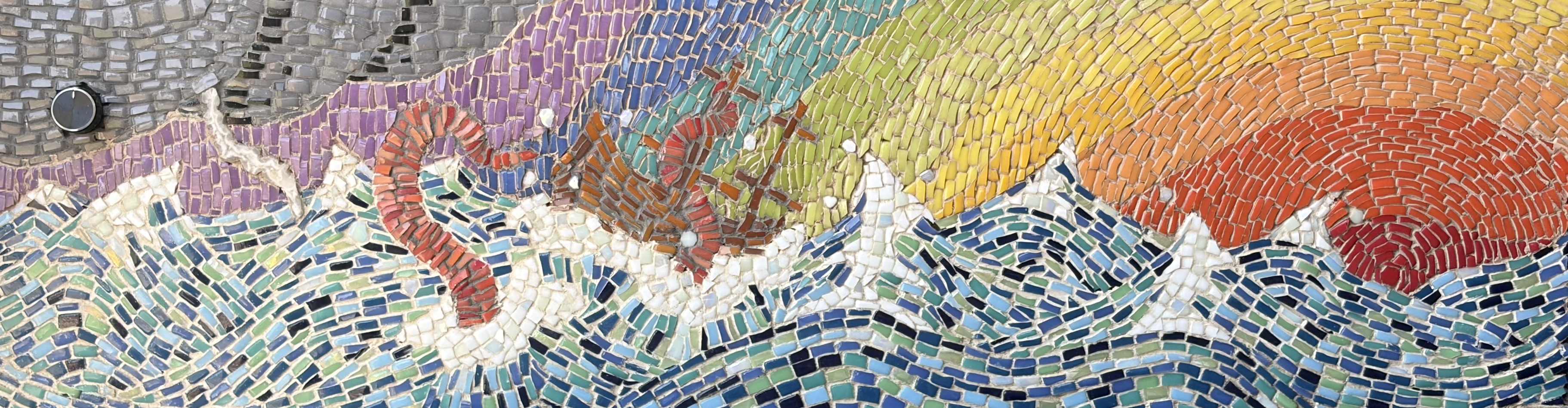 Wide panorama of the mosaic bench, showing Depth alongside the rainbow wave and ship scene